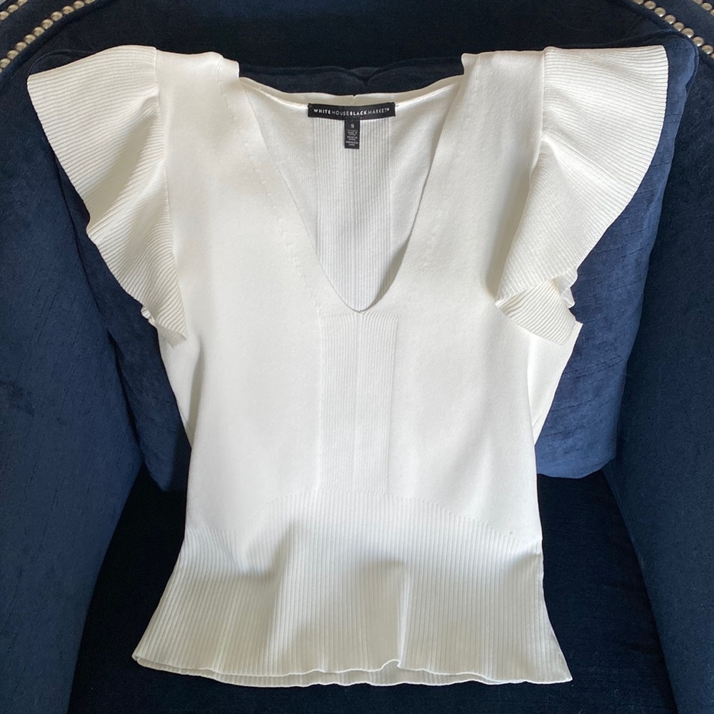 White House Black Market White Sweater with Petal Sleeves